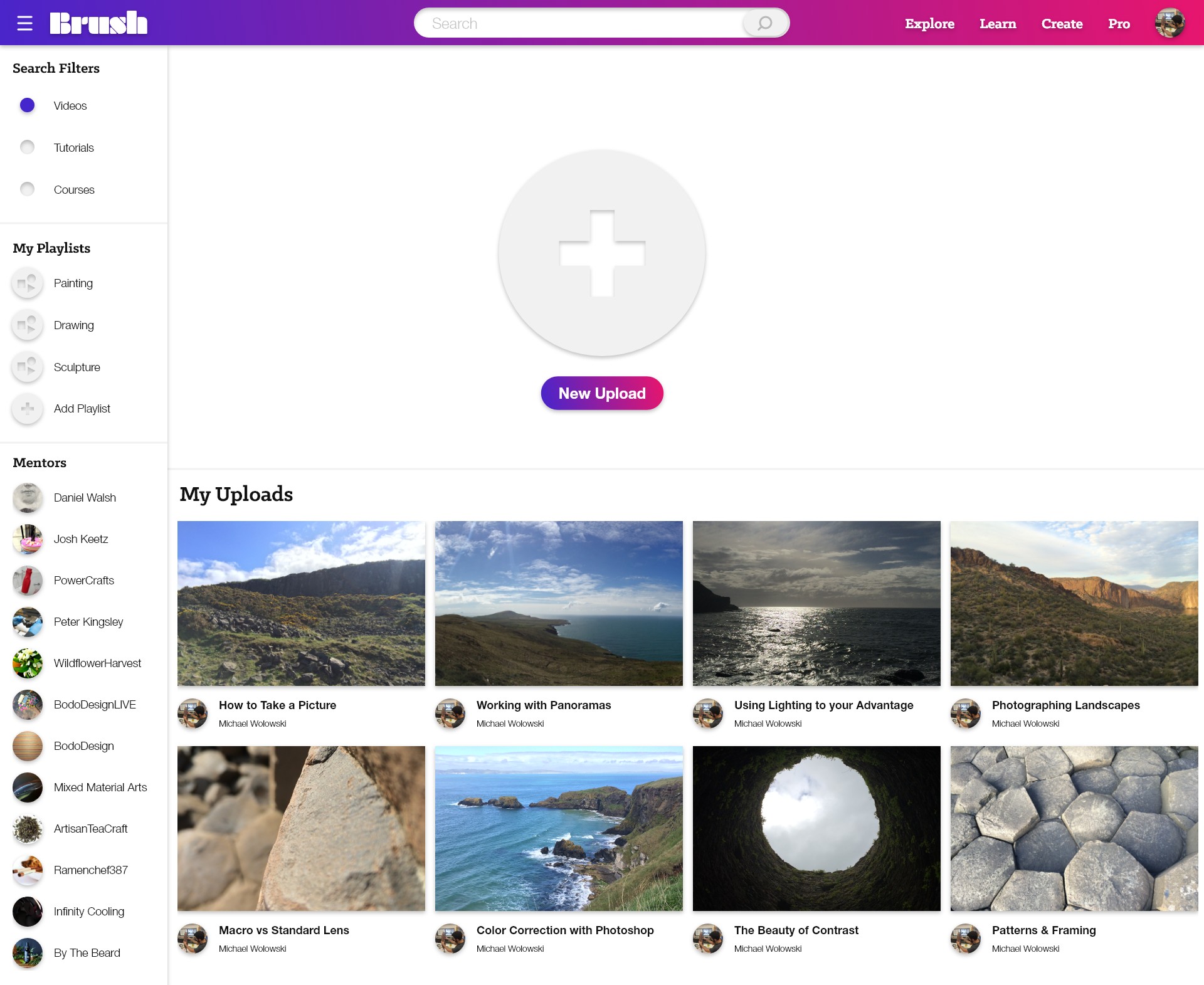 Create hi-fi — the New Upload button above a grid of the user's own uploads