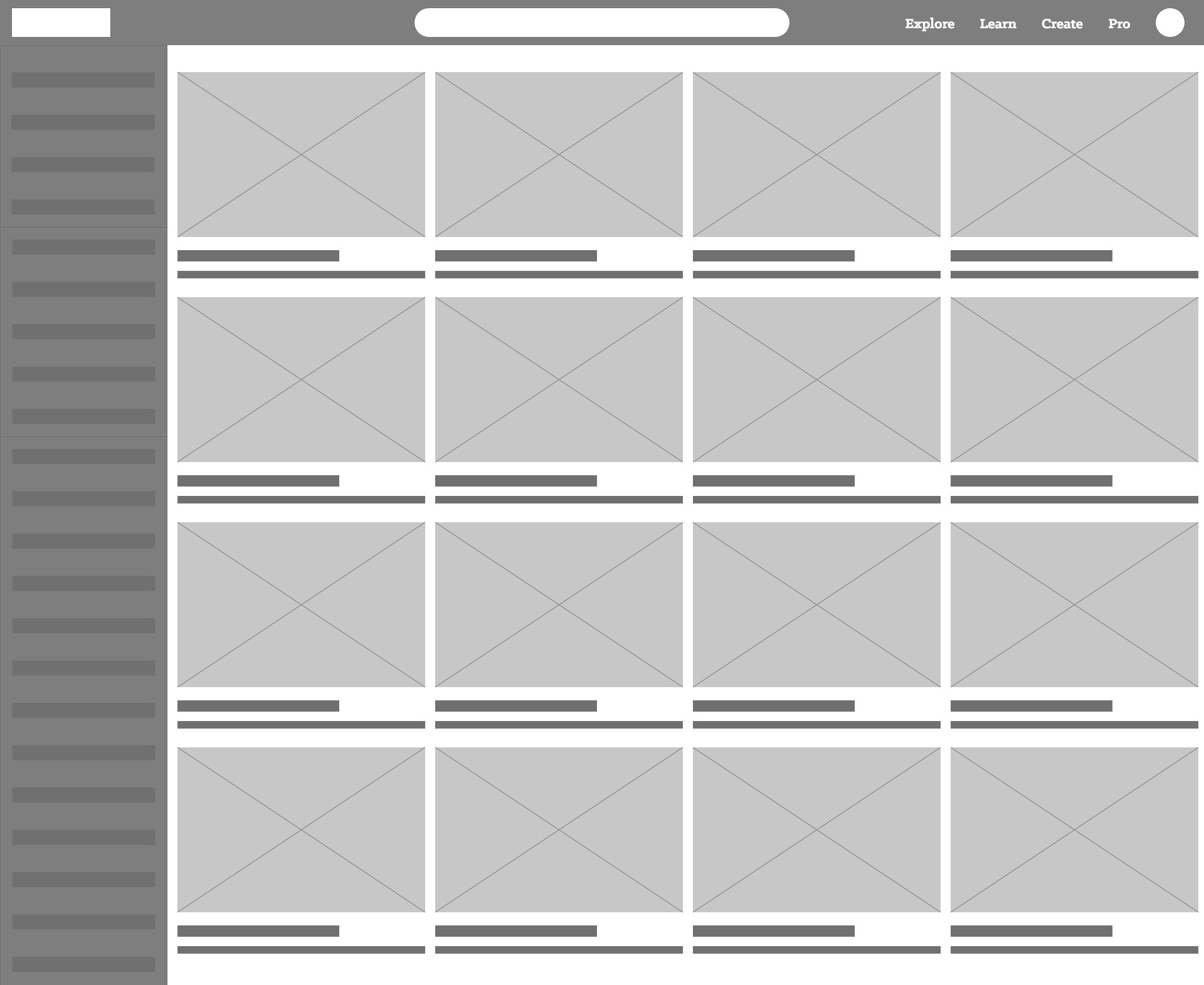 Explore lo-fi wireframe — sidebar of filters and a grid of video thumbnails