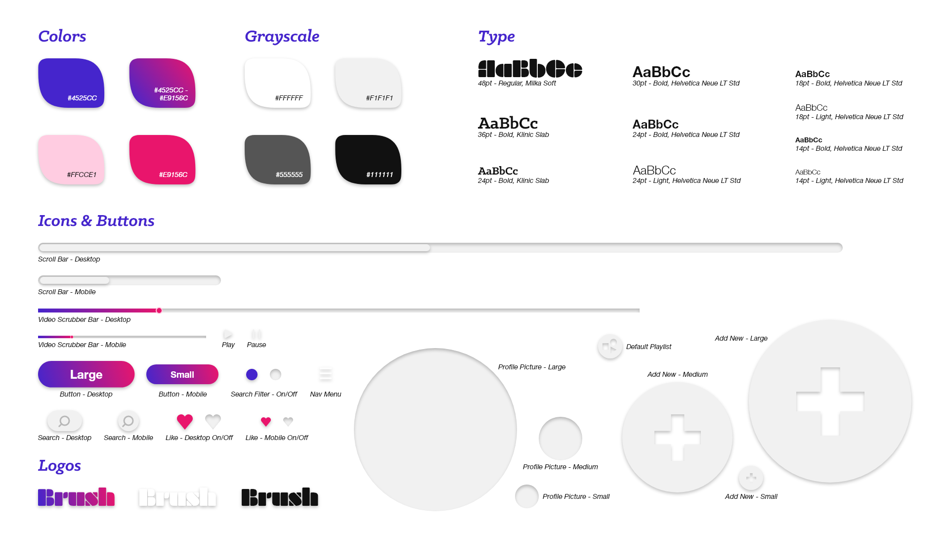 Brush style guide — color palette with hex values, grayscale, type scale, icons and buttons, and the Brush logo in three treatments