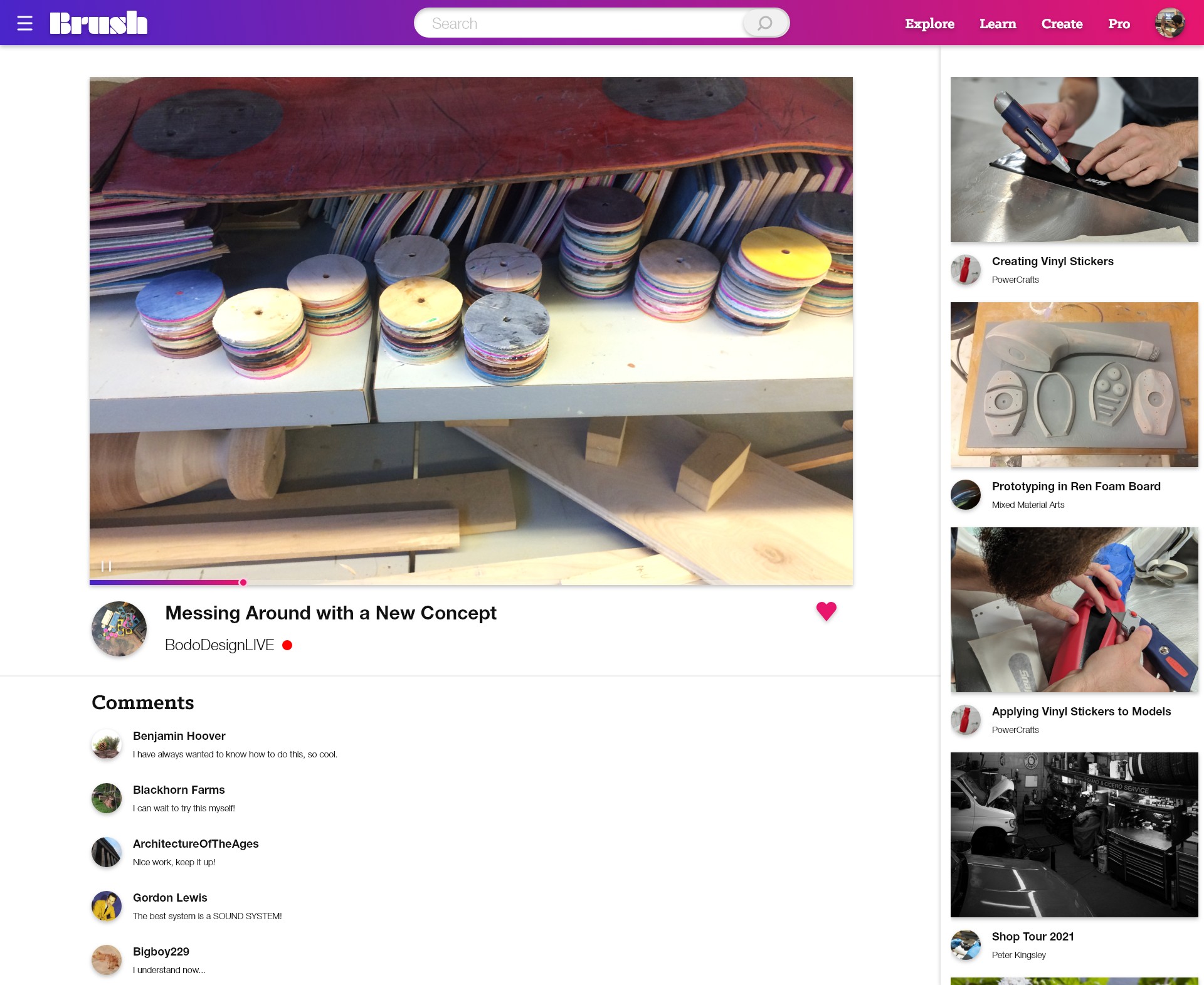 Watch hi-fi — a playing video with creator, like control, comments, and a recommended-videos rail