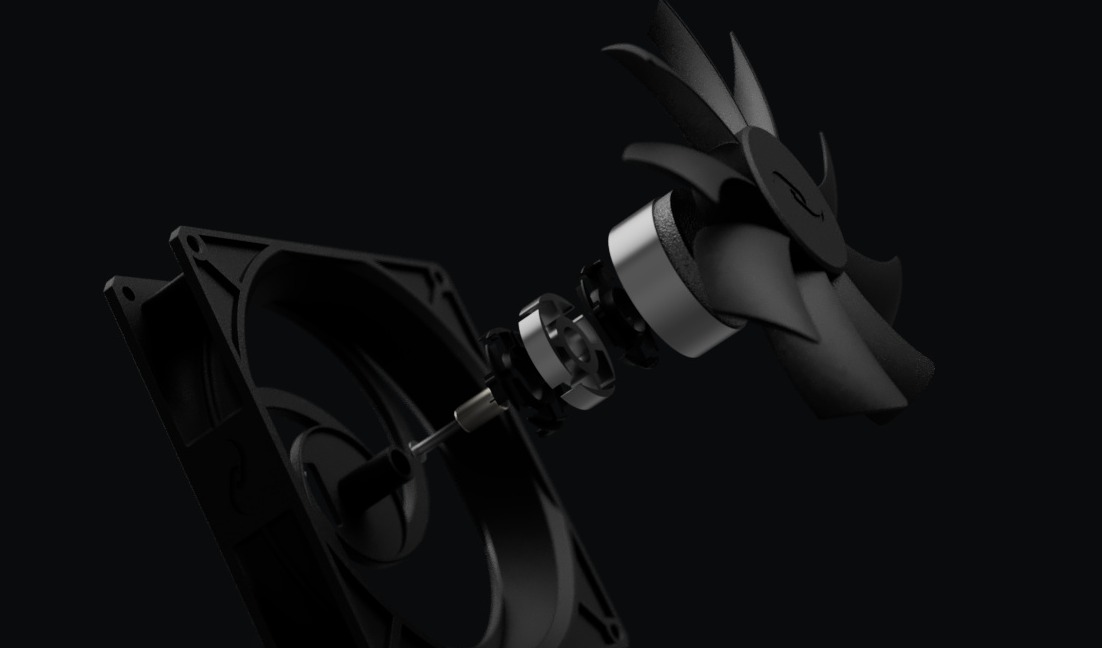 Exploded-view render of an Infinity Glaive fan — frame, blades, hub, and mounting hardware separated along the fan's axis