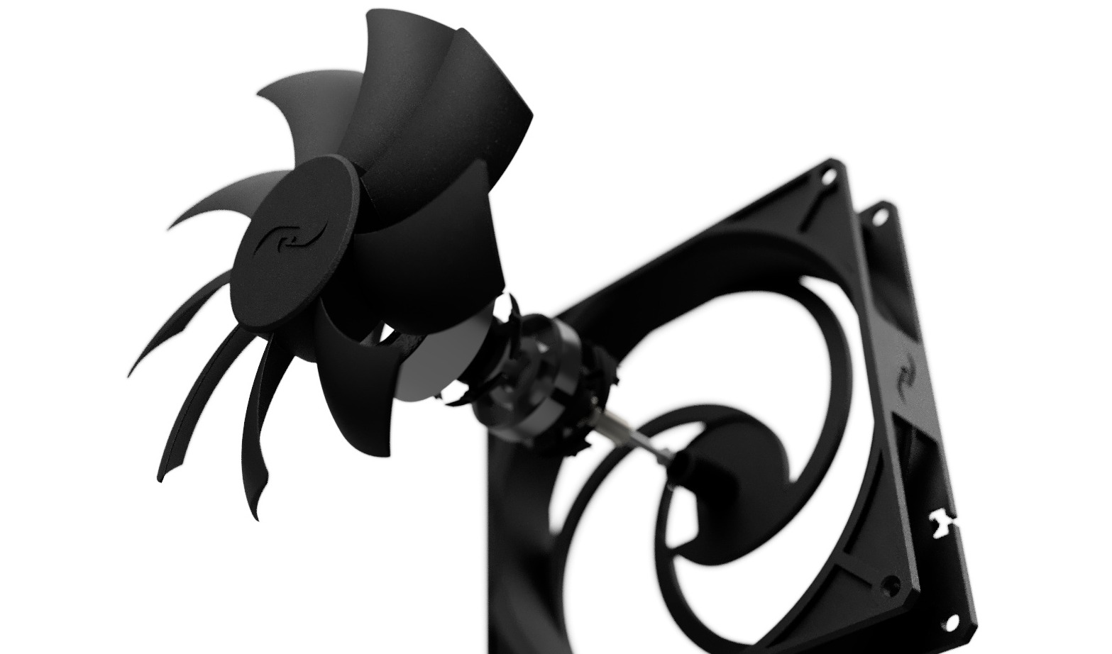 Exploded-view render of an Infinity Glaive fan — frame, blades, hub, and mounting hardware separated along the fan's axis
