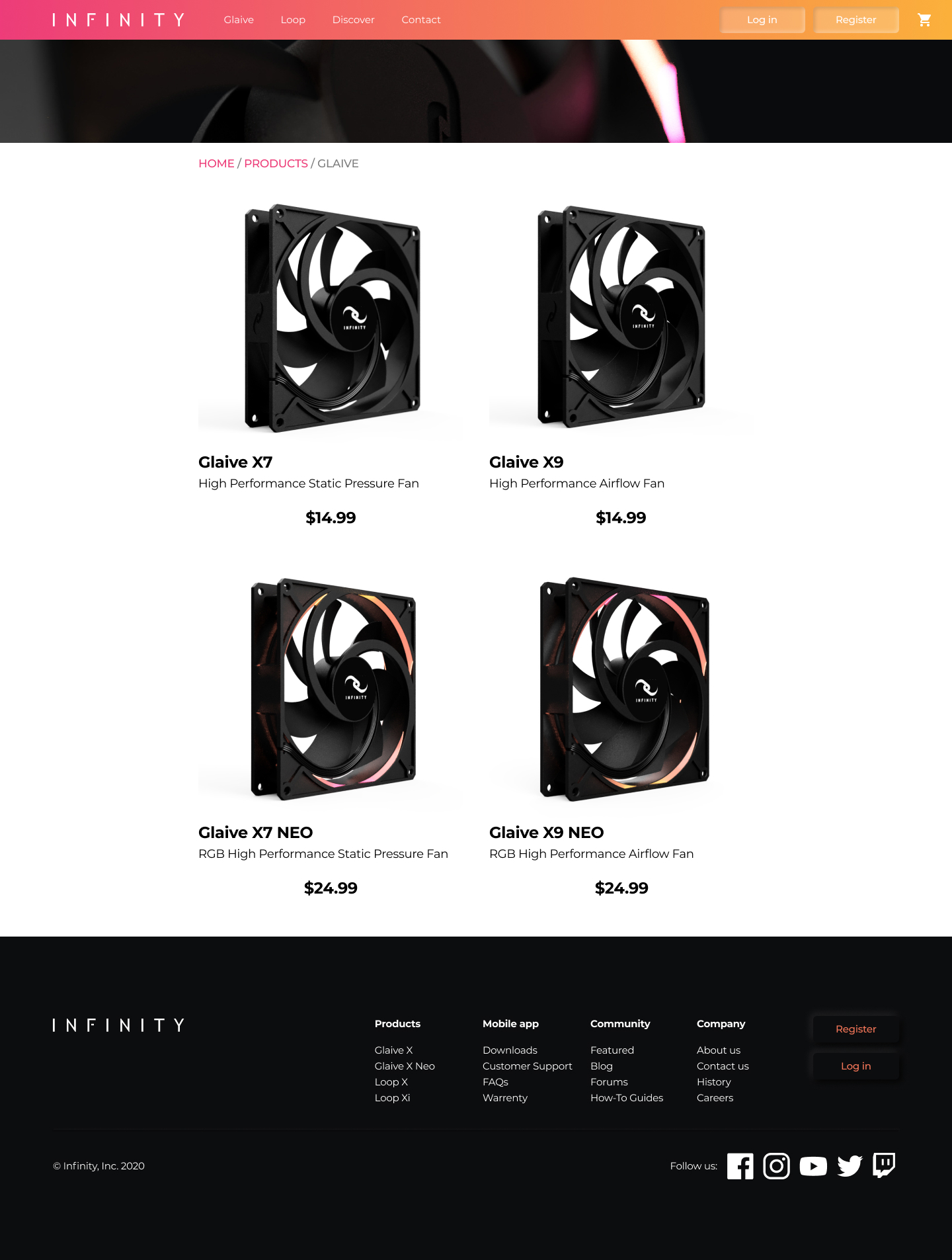 Glaive category page mockup — grid of Glaive X7, X9, X7 NEO, and X9 NEO fans with prices