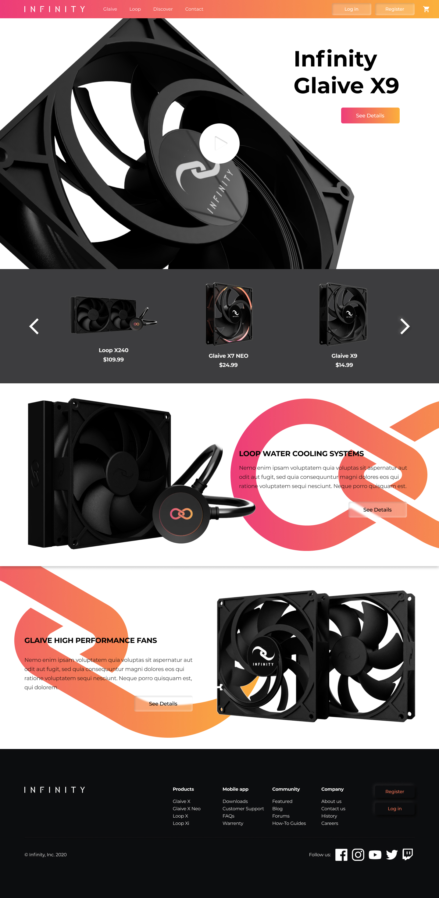 Infinity home page mockup — Glaive X9 hero, product carousel, and Loop and Glaive category highlights
