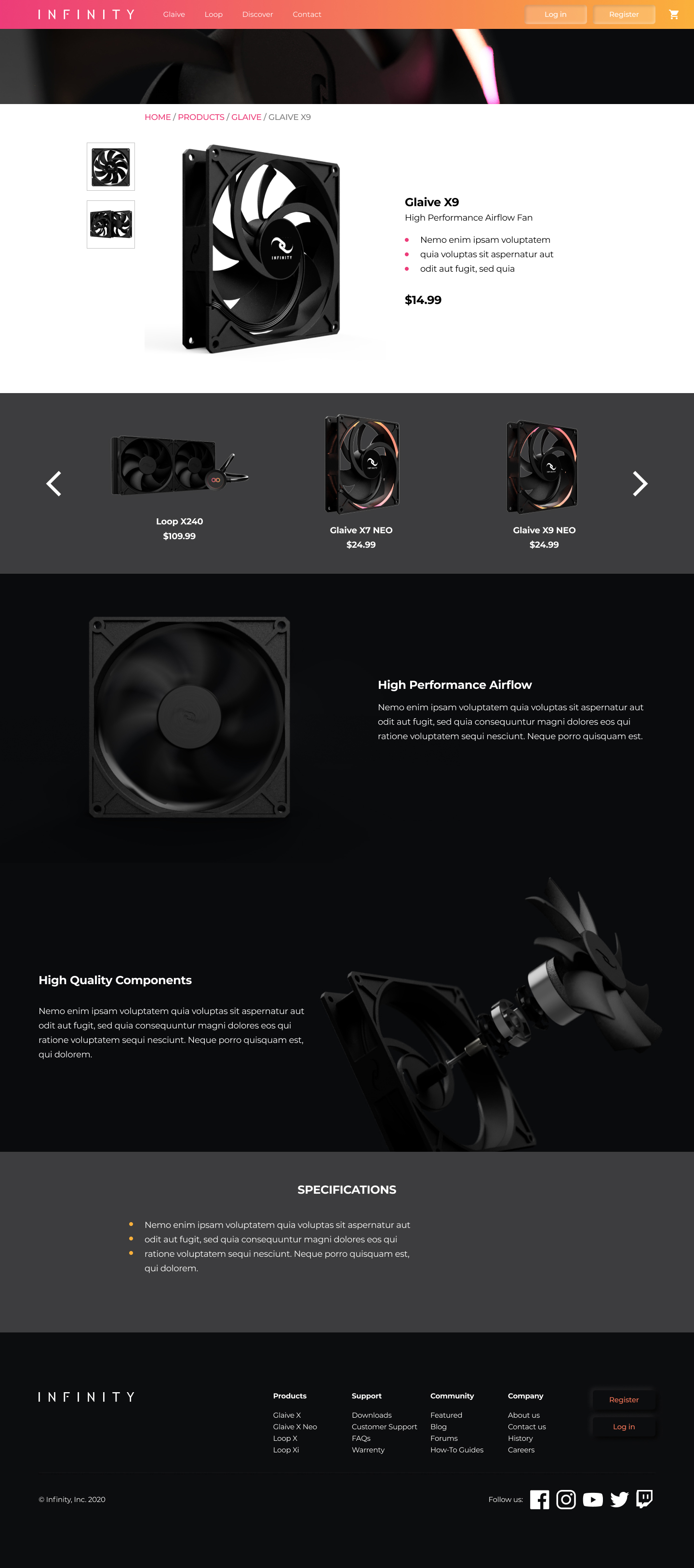 Product detail page mockup — Glaive X9 with image thumbnails, price, an Add to Cart button, feature sections, and specifications