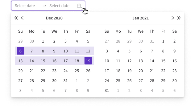 Date-range picker — a dual-month calendar spanning December 2020 and January 2021 with a start and end date selected and the range between them highlighted