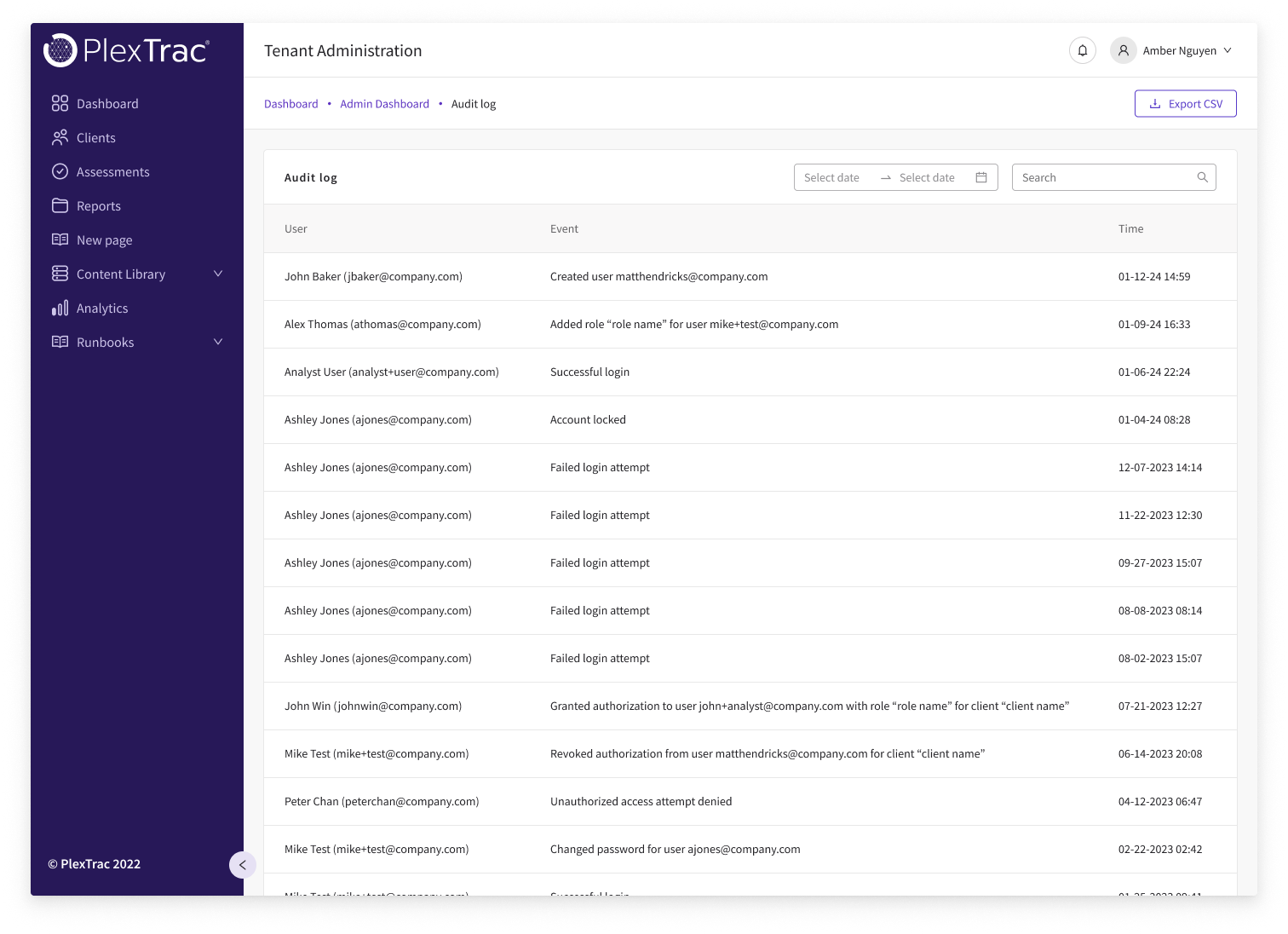 PlexTrac audit log — Tenant Administration page listing security-relevant activity across user, event, and time columns, with date-range filter, search, and Export CSV
