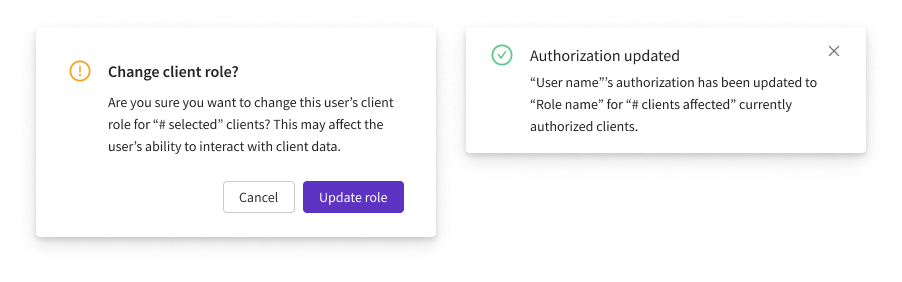 Confirmation modal and success toast for the bulk role change