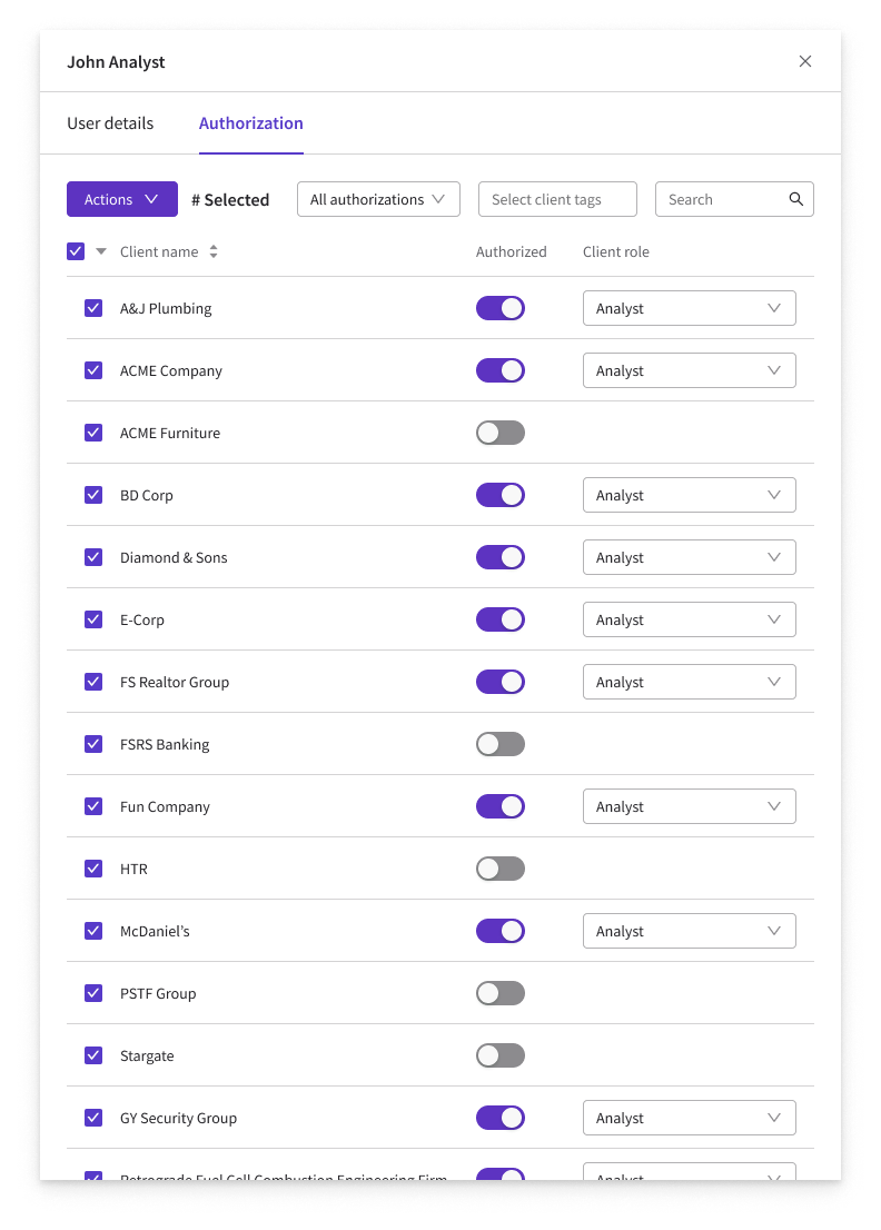 Authorization tab toolbar with clients selected — Actions menu available