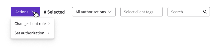 Actions menu open — Change client role and Set authorization