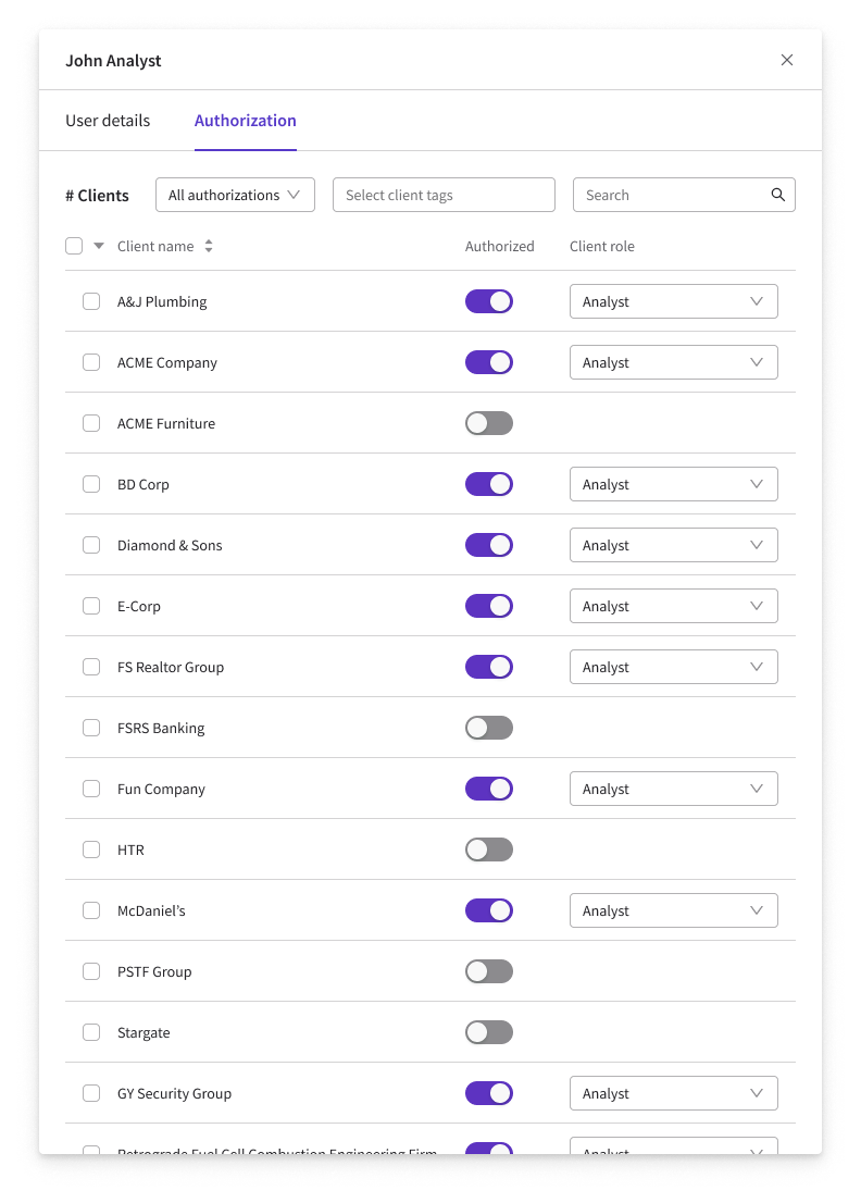 User details side drawer — Authorization tab