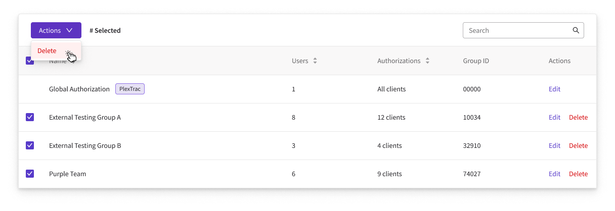 Groups list in bulk-select mode — multiple groups checked with the Actions dropdown open on Delete for bulk removal