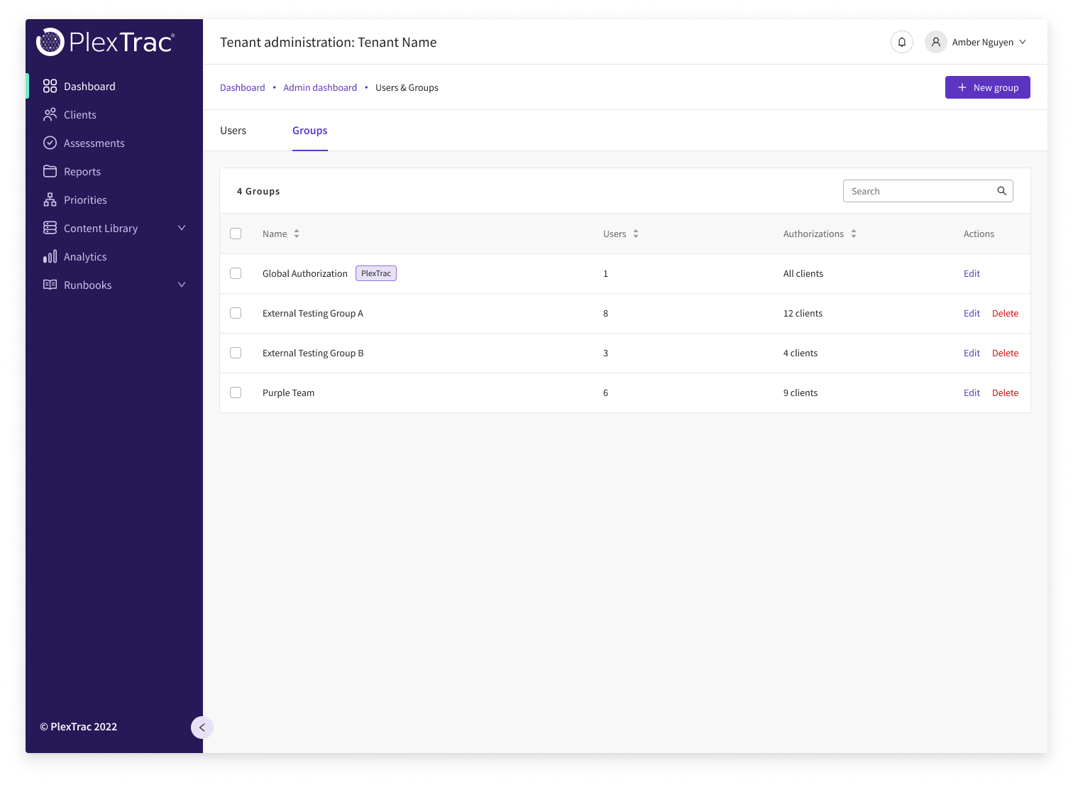 PlexTrac groups list — Groups tab on the Users & Groups admin page showing four groups with their user counts and client authorizations