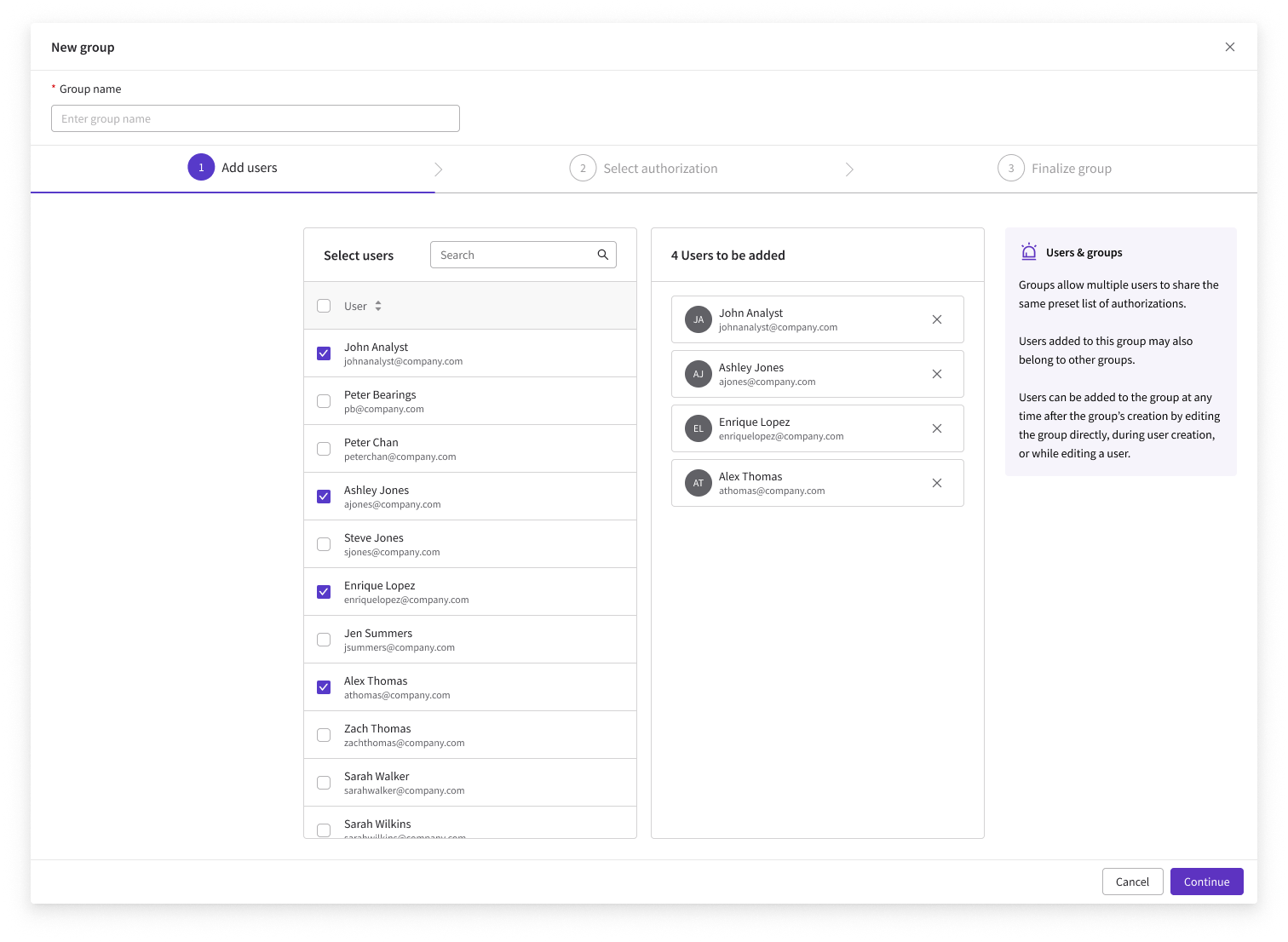 Group creation wizard step 1, Add users — select users from the tenant on the left, building a list of users to be added on the right