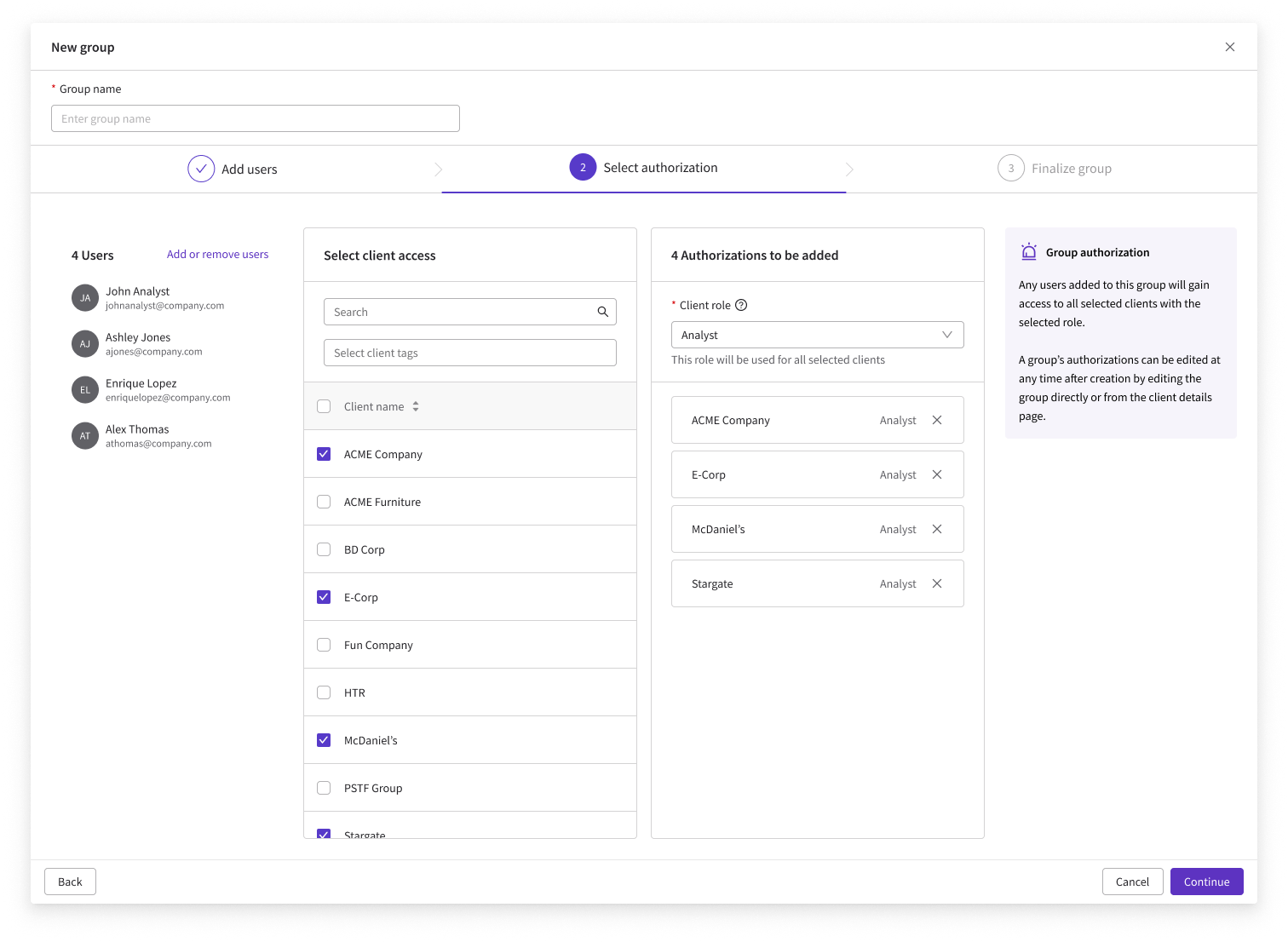 Group creation wizard step 2, Select authorization — choose client access and a single client role applied to all selected clients