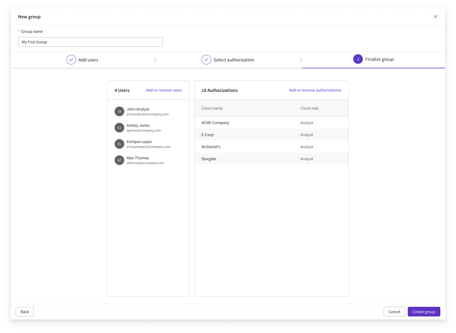 Group creation wizard step 3, Finalize group — review users and authorizations with the group named before creating