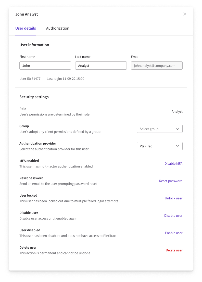 User details side drawer — User details tab