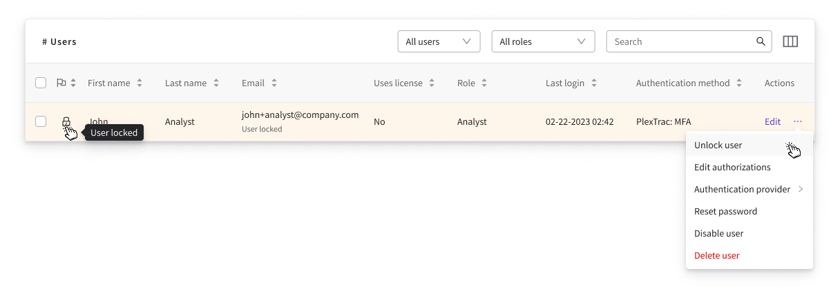 Locked user row highlighted in the table