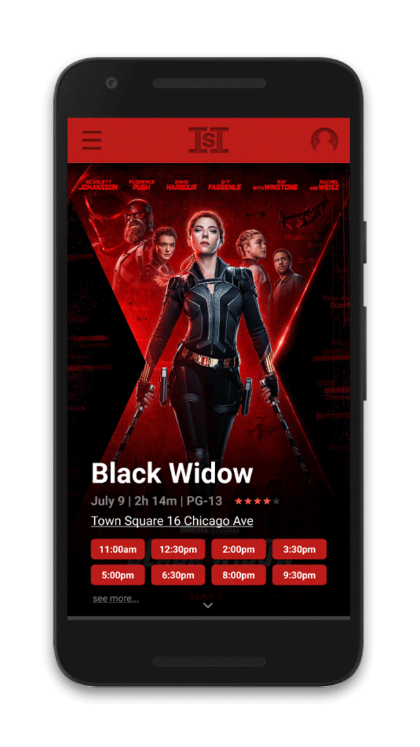 Animated walkthrough of the Town Square Theaters app on a phone — browsing showtimes for Black Widow and selecting seats