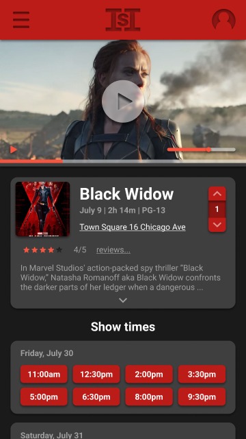 Hi-fi movie details screen — Black Widow trailer, ratings, and showtimes in the finished visual style