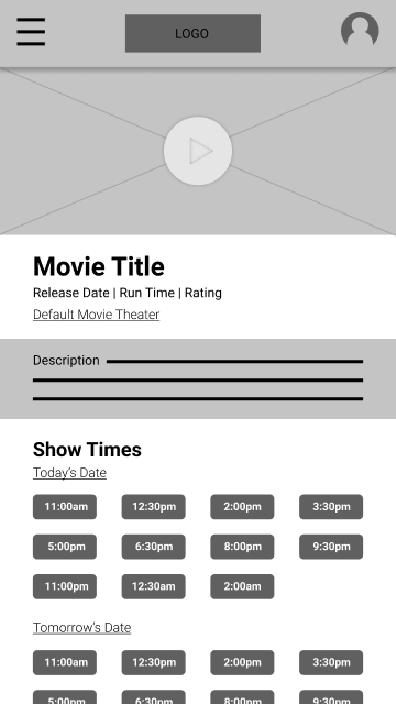 Lo-fi digital wireframe — movie details screen with trailer, description, and showtimes