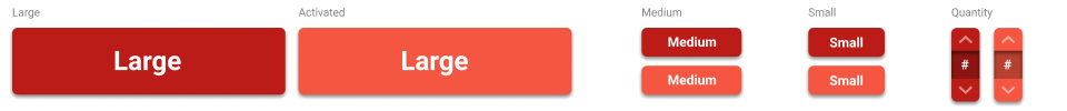 Button styles — Large, Activated, Medium, Small, and Quantity stepper in the three brand reds